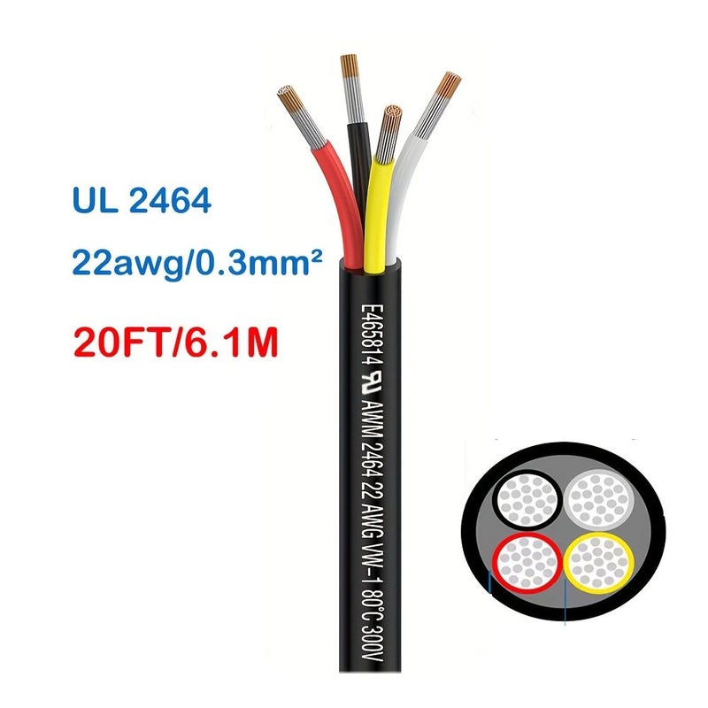 كابل تمديد من النحاس المصقول الخالي من الأكسجين 4 نوى بقطر 20AWG أسود طوله 50 قدمًا، مناسب لـ DC 5V و12V و24V و300V - Image 4
