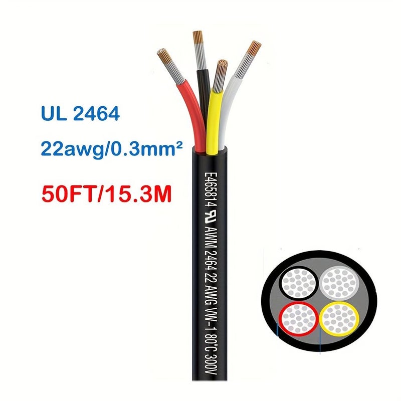 كابل تمديد من النحاس المصقول الخالي من الأكسجين 4 نوى بقطر 20AWG أسود طوله 50 قدمًا، مناسب لـ DC 5V و12V و24V و300V - Image 2