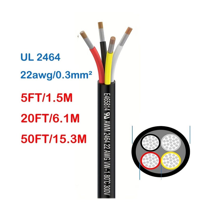 كابل تمديد من النحاس المصقول الخالي من الأكسجين 4 نوى بقطر 20AWG أسود طوله 50 قدمًا، مناسب لـ DC 5V و12V و24V و300V - Image 1