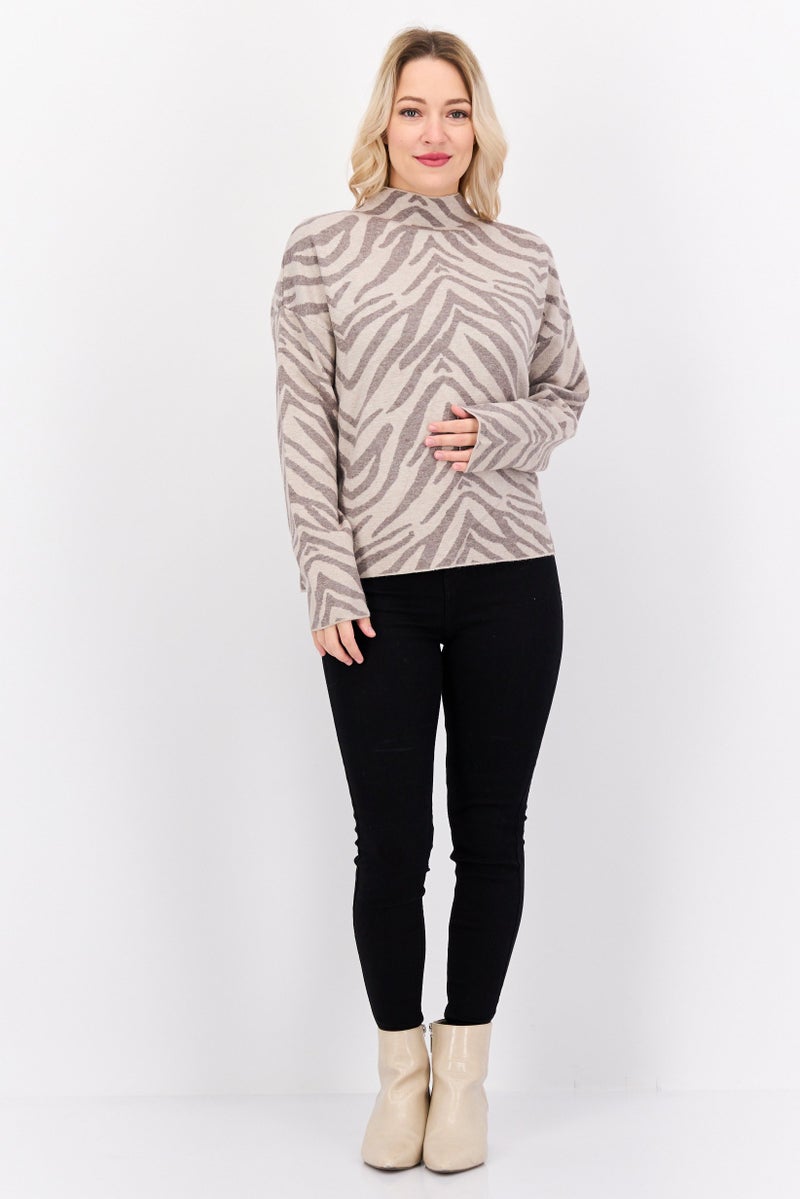 CARMEN MARC VALVO Women Mock Neck Jacquard Print Long Sleeves Sweater, Grey - Image 4