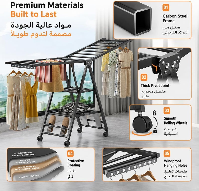 Pomefar Carbon Steel Clothes Drying Rack, 3-Tier Clothes Drying Stand, Foldable Laundry Standing Dry Racks for Indoor Outdoor Use (160cm) - Image 3