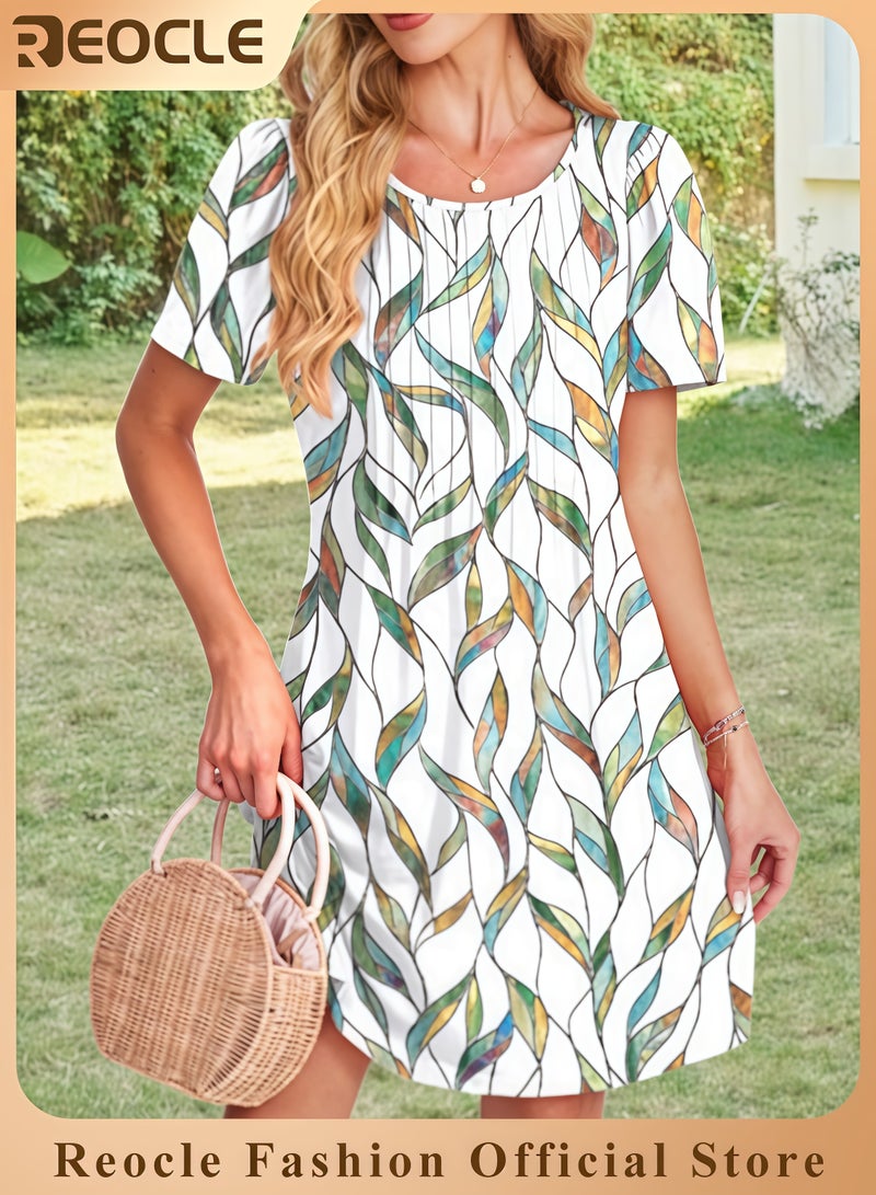 REOCLE Summer Dresses for Women Loose V Neck Short Sleeve Casual T Shirt Dress Sundresses Swimsuit Coverup with Pockets - Image 1