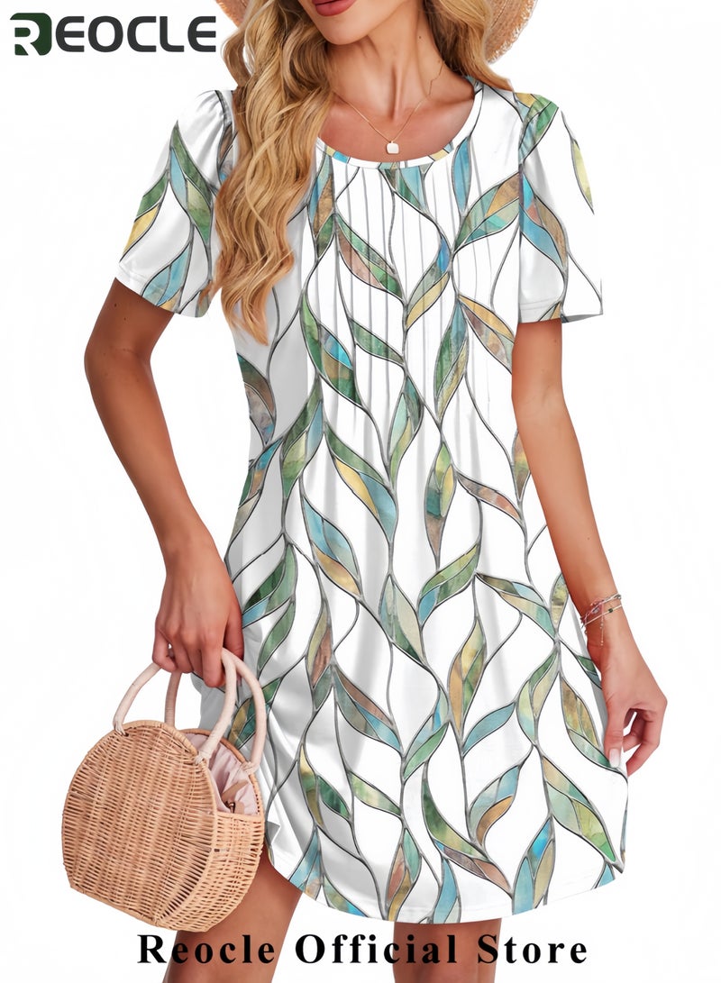 REOCLE Summer Dresses for Women Loose V Neck Short Sleeve Casual T Shirt Dress Sundresses Swimsuit Coverup with Pockets - Image 2