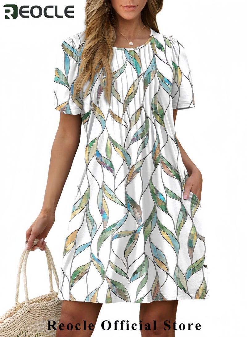 REOCLE Summer Dresses for Women Loose V Neck Short Sleeve Casual T Shirt Dress Sundresses Swimsuit Coverup with Pockets - Image 3