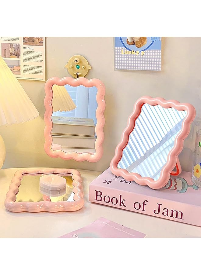 erorex Wave Shaped Table Mirror Desk Vanity Makeup Mirror Cute Desk Accessories Portable Folding Mirror Cute Travel Make Up Mirror For Standing Hanging Home Decoration Pink 6.7X5.3 Inch - Image 5