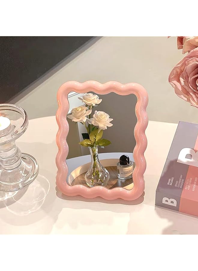erorex Wave Shaped Table Mirror Desk Vanity Makeup Mirror Cute Desk Accessories Portable Folding Mirror Cute Travel Make Up Mirror For Standing Hanging Home Decoration Pink 6.7X5.3 Inch - Image 4