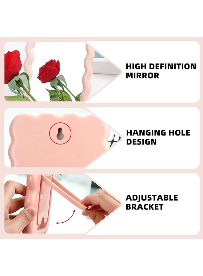 erorex Wave Shaped Table Mirror Desk Vanity Makeup Mirror Cute Desk Accessories Portable Folding Mirror Cute Travel Make Up Mirror For Standing Hanging Home Decoration Pink 6.7X5.3 Inch - Image 3