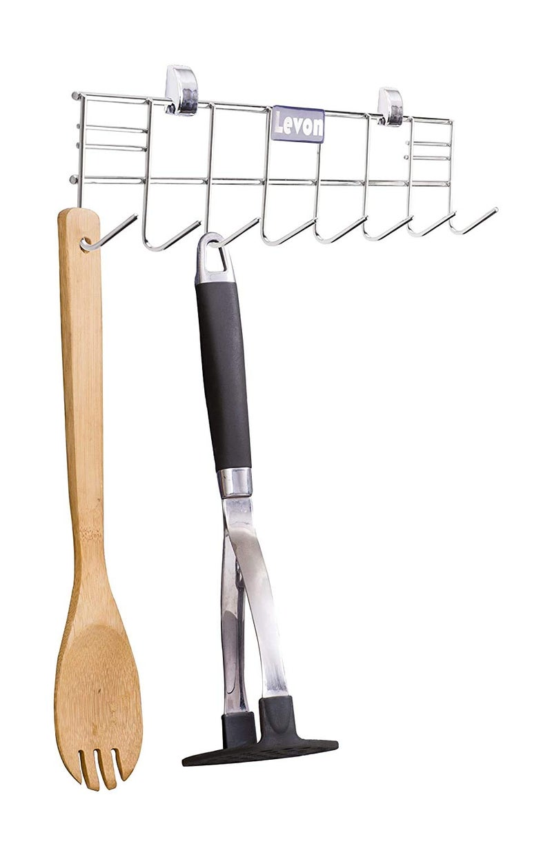 LEVON Stainless Steel Wall Hook Rail Thick Hanger for Hanging Clothes, Bags, Keys, Towel in Room, Kitchen & Bathroom - 8Hooks (Size 8") - Image 1