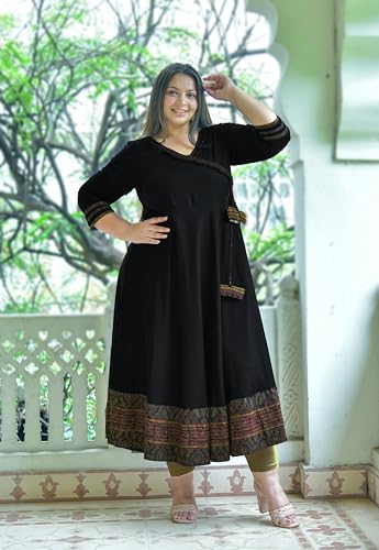 Yash Gallery Women's Rayon V-Neck 3/4 Sleeve Calf Length Long Indian Anarkali Kurta Dresses (Black) - Image 2