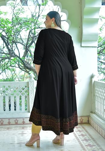 Yash Gallery Women's Rayon V-Neck 3/4 Sleeve Calf Length Long Indian Anarkali Kurta Dresses (Black) - Image 4