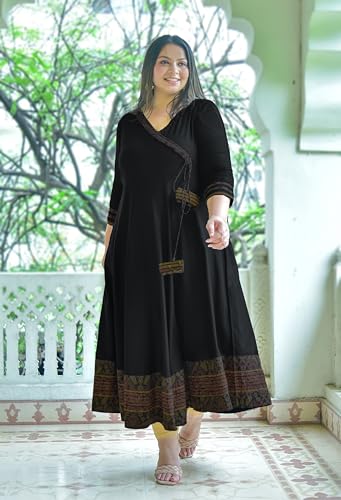 Yash Gallery Women's Rayon V-Neck 3/4 Sleeve Calf Length Long Indian Anarkali Kurta Dresses (Black) - Image 3