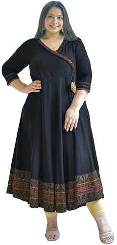 Yash Gallery Women's Rayon V-Neck 3/4 Sleeve Calf Length Long Indian Anarkali Kurta Dresses (Black) - Image 1
