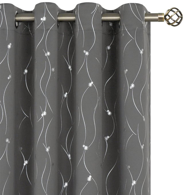 BLACKOUT CURTAINS 63 INCH LENGTH 2 PANELS SET GROMMET THERMAL INSULATED ROOM DARKENING WINDOW CURTAINS WITH WAVE LINE AND DOTS PRINTED FOR BEDROOM 52 X 63 INCH DARK GREY