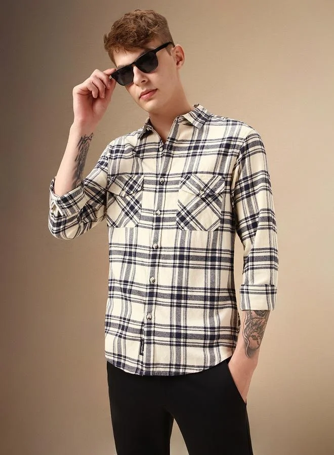 Dennis Lingo Relaxed Fit Beige Cotton Shirt Spread Collar