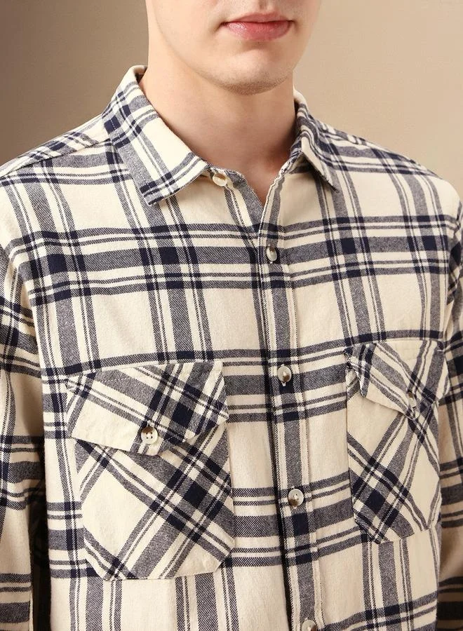Dennis Lingo Relaxed Fit Beige Cotton Shirt Spread Collar