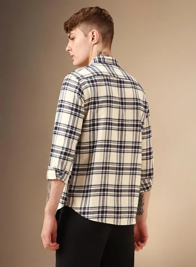 Dennis Lingo Relaxed Fit Beige Cotton Shirt Spread Collar