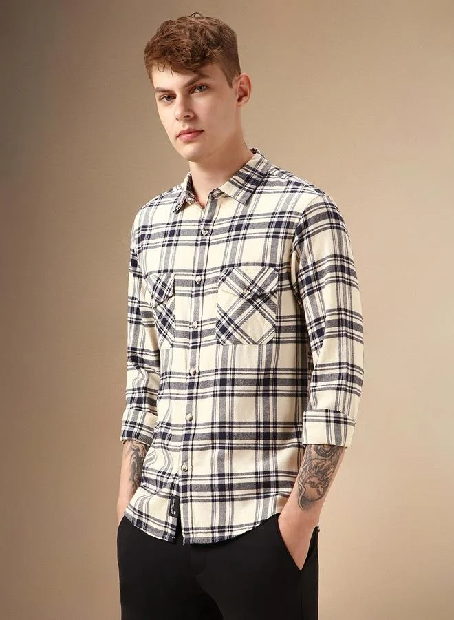 Dennis Lingo Relaxed Fit Beige Cotton Shirt Spread Collar