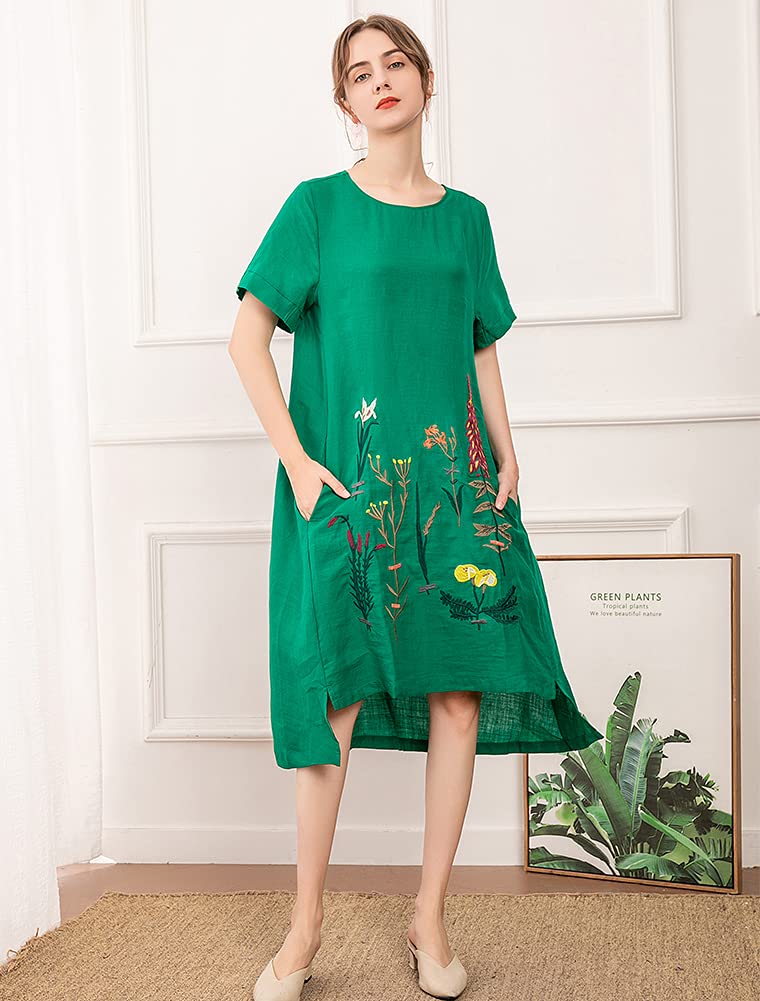 Minibee Women's Embroidered Linen Dress Summer A-Line Sundress Hi Low Tunic Clothing Green 2XL - Image 4