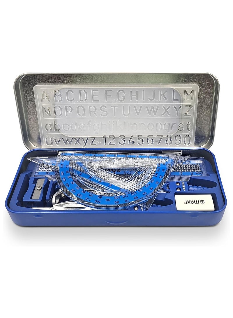 Maxi 10-Piece Geometric Instruments For School in Metal Box Blue - Image 3