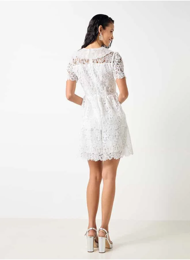 2Xtremz 2Xtremz Lace Collared Mini Dress with Short Sleeves