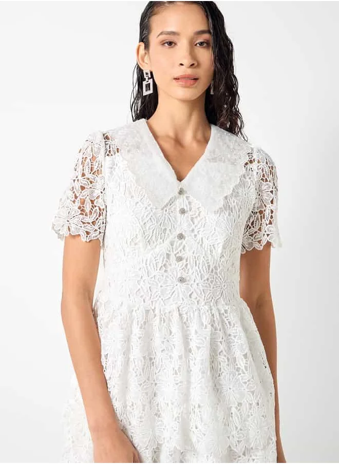 2Xtremz 2Xtremz Lace Collared Mini Dress with Short Sleeves