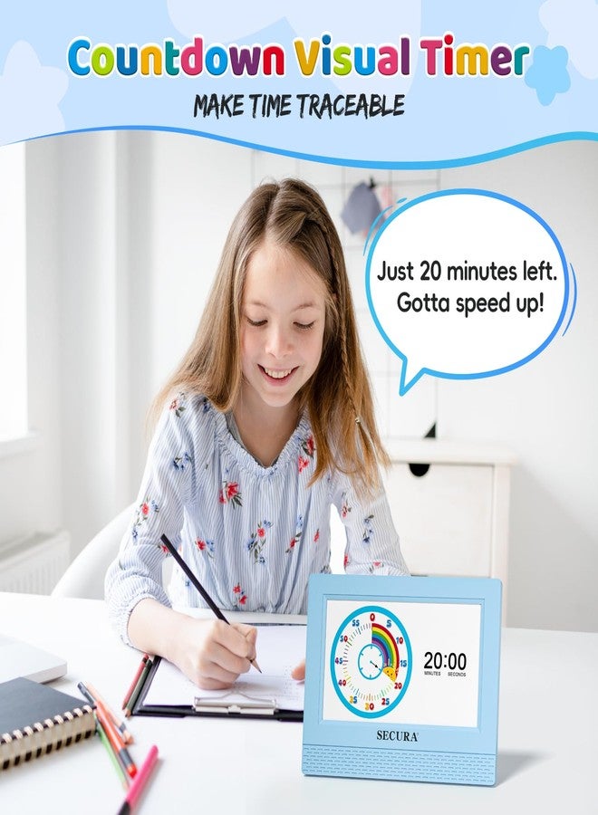 سيكورا ساعة منبه Secura TimeTact للأطفال، ساعة منبه ناطقة LED مقاس 7 بوصات مع مؤقت مرئي للعد التنازلي، 17 تذكيرًا يوميًا و5 منبهات مخصصة، تذكير بالعادات وجدولة (أزرق) - Image 3