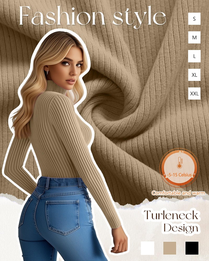Ficerd 3 Pack Women's Ribbed Thermal Turtleneck Tops Long Sleeve Stretch Shirts Knitted Fitted Lightweight Base Layer(Small,Black, Khaki, White) - Image 3