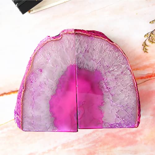 JIC Gem Decorative Crystal Book Ends Polished Dyed Pink Color Geode Brazilian Agate Bookends with Rubber Bumpers Small Size(1 Pair, 2-3 LBS) - Image 2