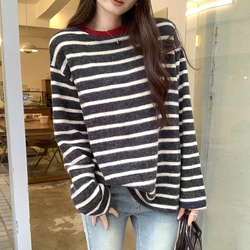 Shopping Mall Real Photograph Striped Contrast Sanding Loose Inner Base Shirt Women's Autumn and Winter New Outfit Long-Sleeved T-Shirt - Image 2
