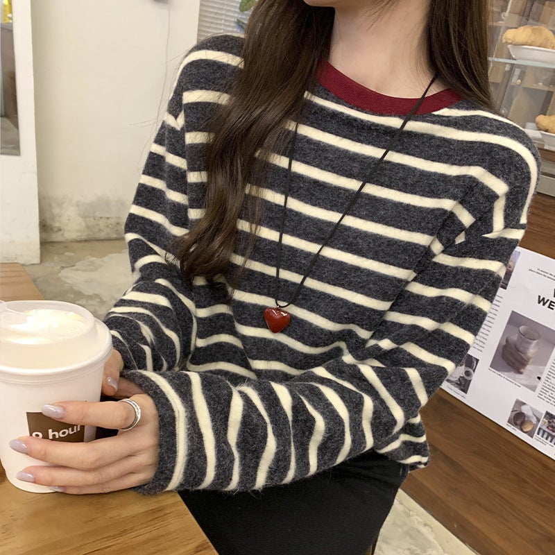 Shopping Mall Real Photograph Striped Contrast Sanding Loose Inner Base Shirt Women's Autumn and Winter New Outfit Long-Sleeved T-Shirt - Image 3
