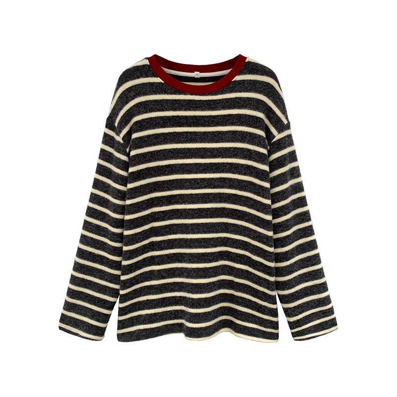 Shopping Mall Real Photograph Striped Contrast Sanding Loose Inner Base Shirt Women's Autumn and Winter New Outfit Long-Sleeved T-Shirt - Image 5
