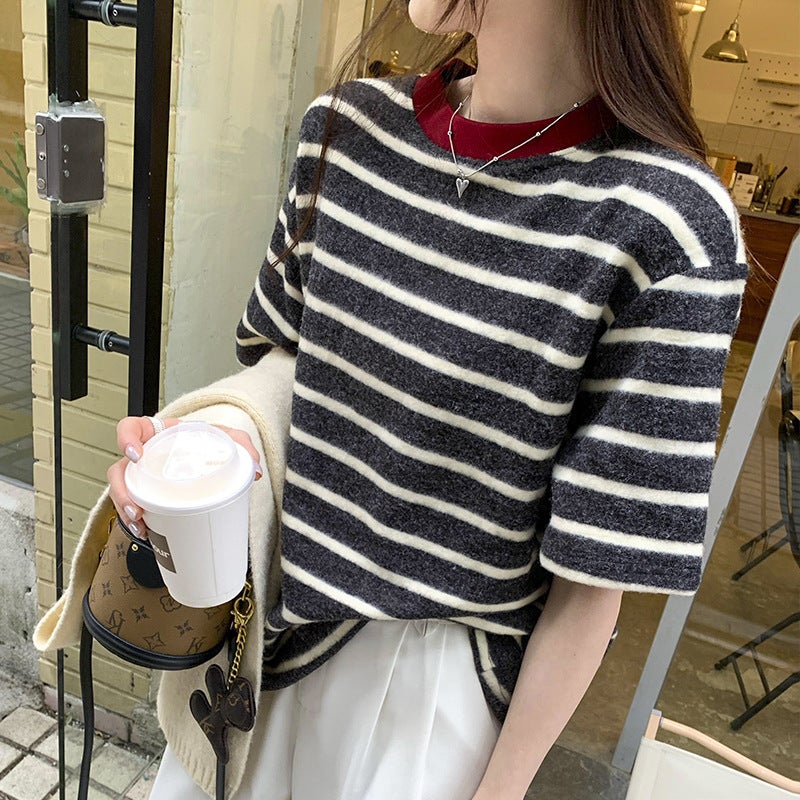 Shopping Mall Real Photograph Striped Contrast Sanding Loose Inner Base Shirt Women's Autumn and Winter New Outfit Long-Sleeved T-Shirt - Image 1