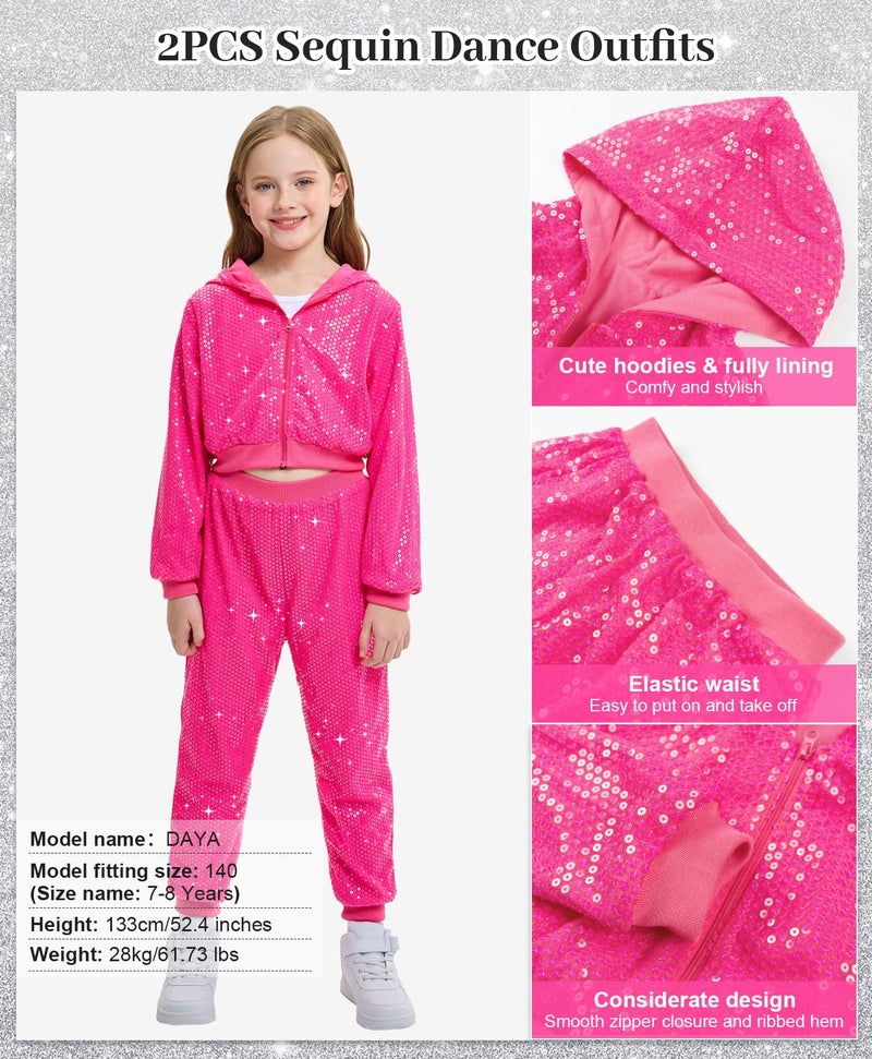 LOLANTA Girls Sequin Jacket Sequin Pants Dance Costume for 80s 90s Theme Party Shiny Dance Clothing Set (Rosered, 10-11 Years) - Image 4