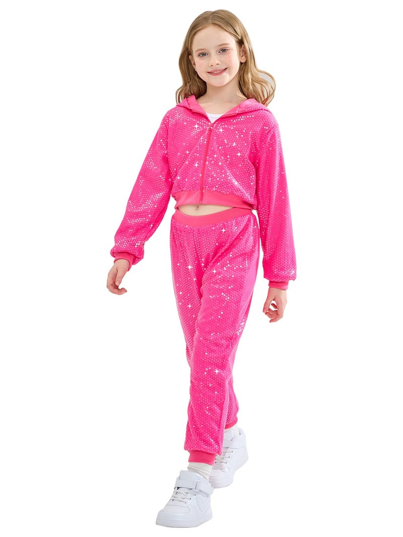 LOLANTA Girls Sequin Jacket Sequin Pants Dance Costume for 80s 90s Theme Party Shiny Dance Clothing Set (Rosered, 10-11 Years) - Image 1