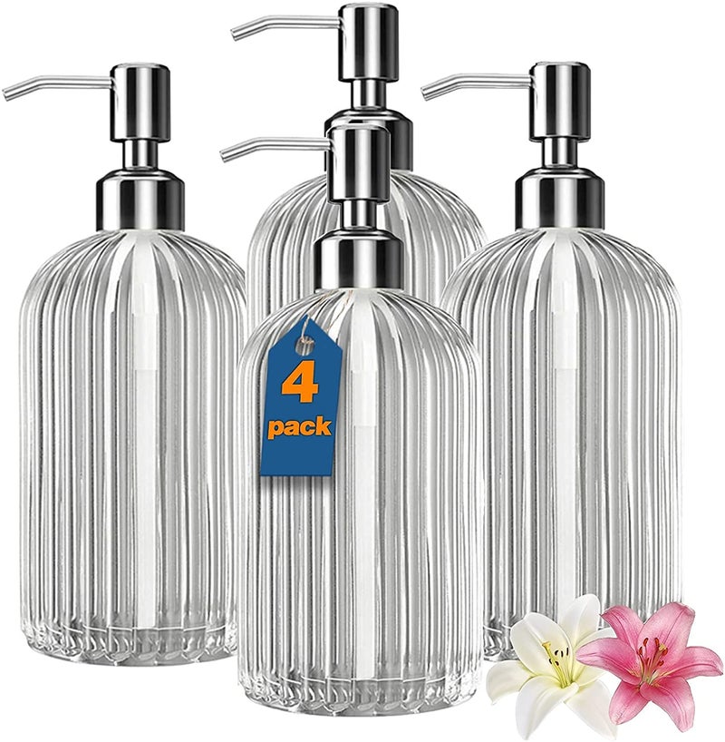 Luxansa Pack of 4 Clear Glass Soap Dispenser Set, Liquid Hand Soap Dispenser Bottle with Pump for Bathroom, Wash Basin, Handwash Liquid Bottle, Glass Sanitizer Hand Dish Dispenser for Kitchen - Image 1