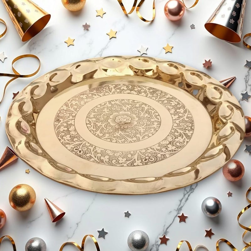 Stotram Brass Pooja 10 Inches Floral Carved Design ThaliPooja Thali for Home Temple Designer Aarti ThaliThali for Pooja Thali for Bhog Plate Golden - Image 1