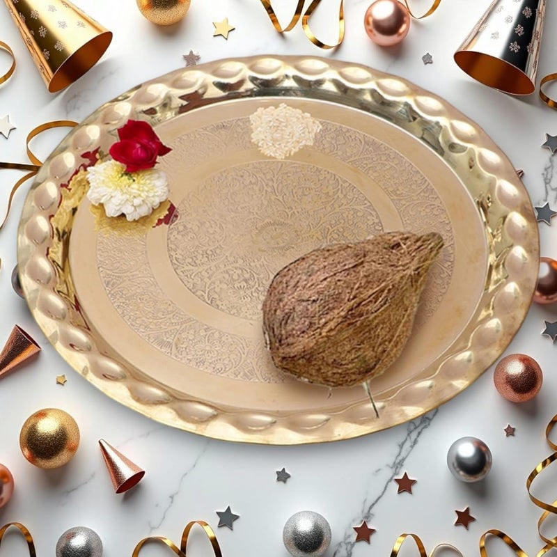 Stotram Brass Pooja 10 Inches Floral Carved Design ThaliPooja Thali for Home Temple Designer Aarti ThaliThali for Pooja Thali for Bhog Plate Golden - Image 4
