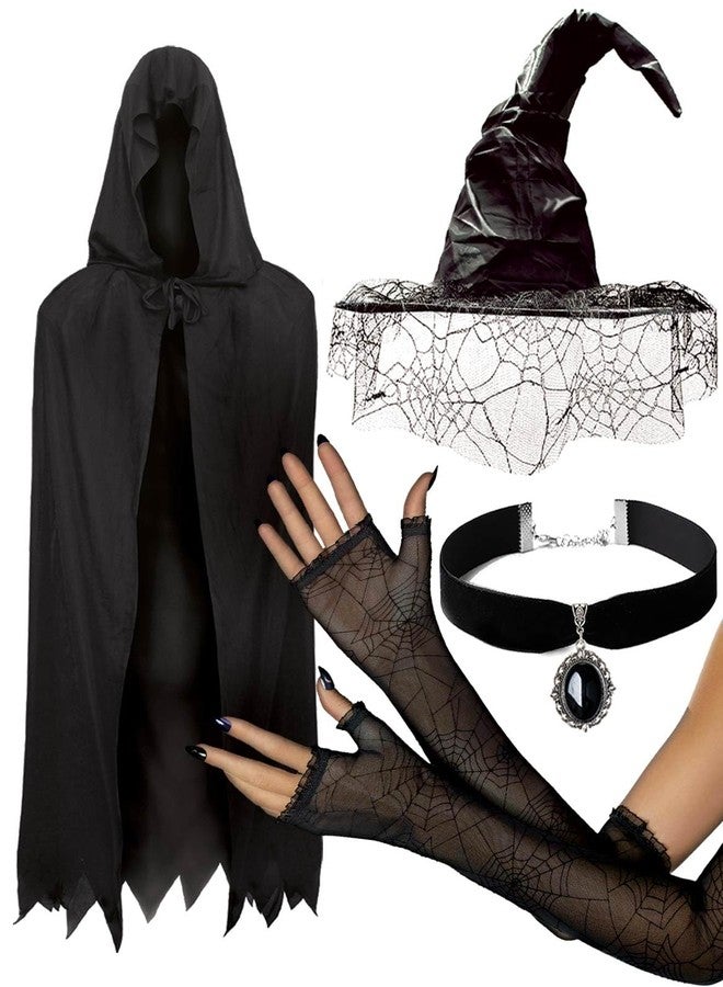 OLYPHAN Witch Costume for Women Halloween with Witch Hat Black Hooded Cloak Cape Spider Lace Gloves and Antique Like Pendant Choker Black Witch 4PC Accessories Set - Image 1