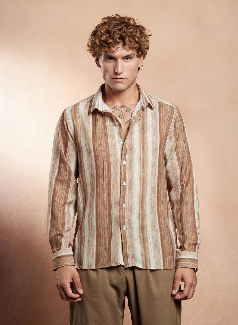 Campus Sutra Campus Sutra Men's Ash Brown Striped-Strokes Shirt For Casual Wear | Spread Collar | Long Cuffed Sleeves | Button Closure | Shirt Crafted With Comfort Fit For Everyday Wear  - Image 2