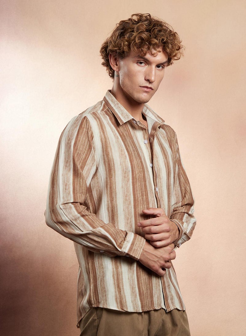 Campus Sutra Campus Sutra Men's Ash Brown Striped-Strokes Shirt For Casual Wear | Spread Collar | Long Cuffed Sleeves | Button Closure | Shirt Crafted With Comfort Fit For Everyday Wear  - Image 3