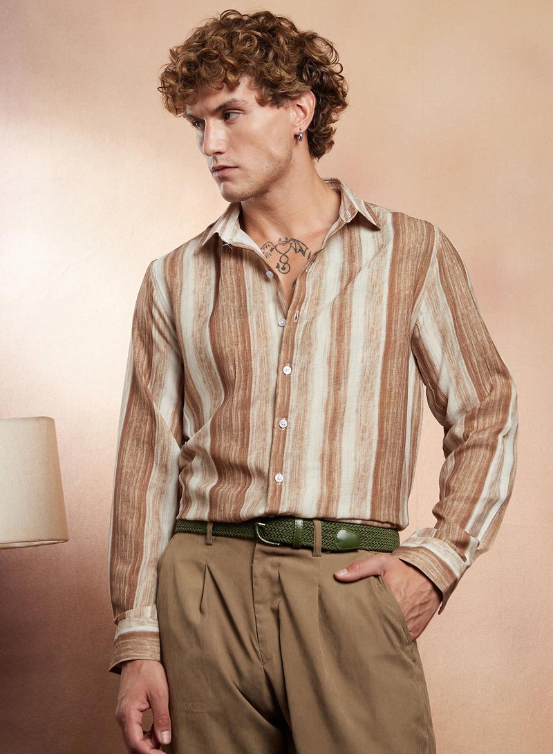 Campus Sutra Campus Sutra Men's Ash Brown Striped-Strokes Shirt For Casual Wear | Spread Collar | Long Cuffed Sleeves | Button Closure | Shirt Crafted With Comfort Fit For Everyday Wear  - Image 1