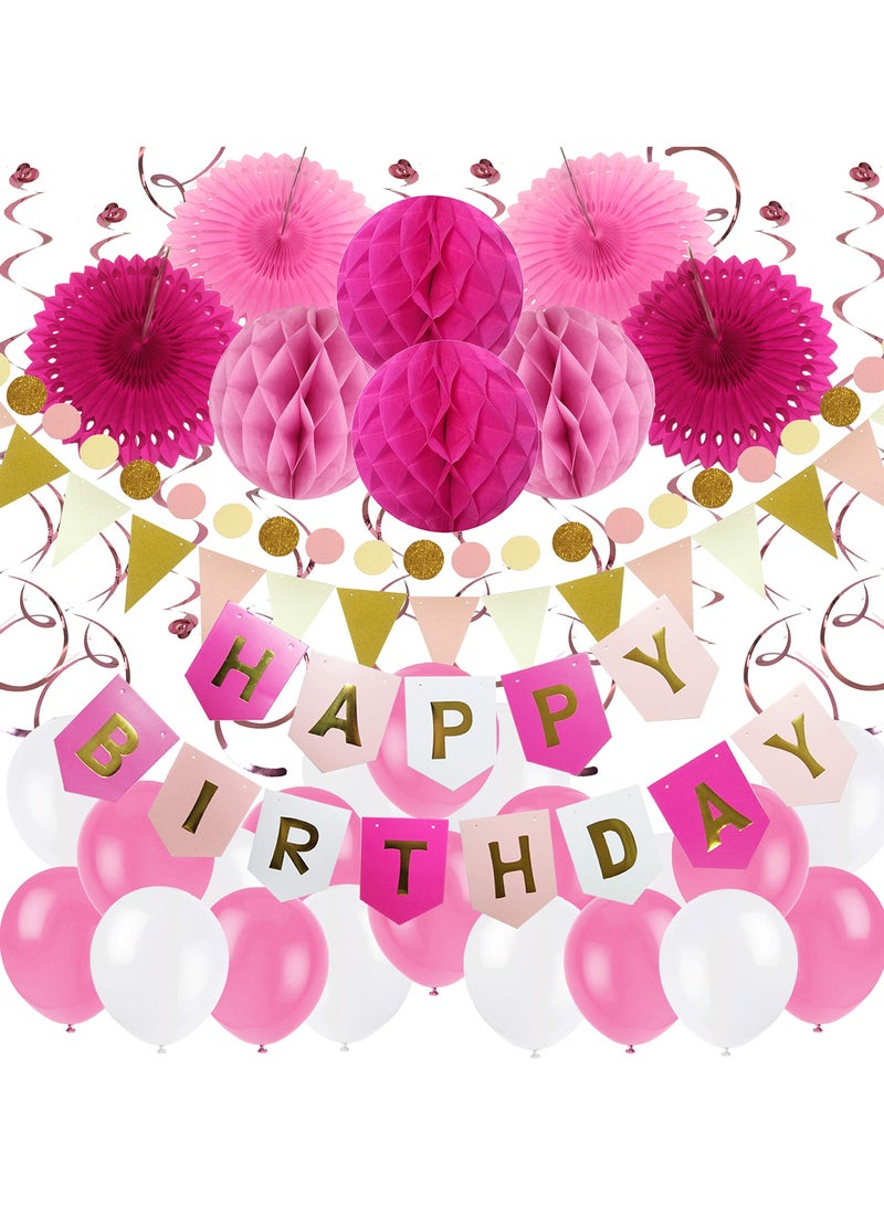 Jolley Birthday Party Decoration, Happy Birthday Banner with Paper Fans, Honeycomb Balls, Triangular Pennants, Circle Paper Garland, Hanging Swirls and Balloons Pink, Rose Red and White - Image 1