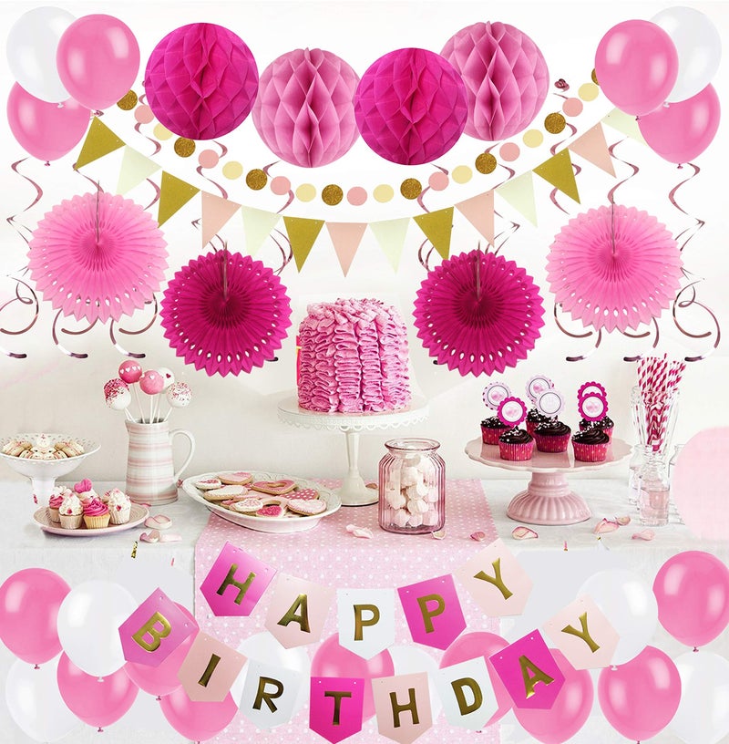 Jolley Birthday Party Decoration, Happy Birthday Banner with Paper Fans, Honeycomb Balls, Triangular Pennants, Circle Paper Garland, Hanging Swirls and Balloons Pink, Rose Red and White - Image 2