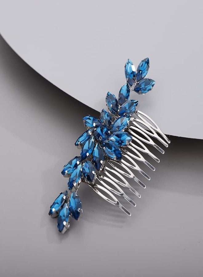 بيريوان مشط شعر مرصع بأحجار الراين باللون الأزرق الطاووسي من بيريوان، مناسب لحفلات الزفاف والخطوبة، مزين بزهرة كريستالية لطيفة، إكسسوار متعدد الألوان لحفلات الزفاف والخطوبة (أزرق طاووسي) - Image 2