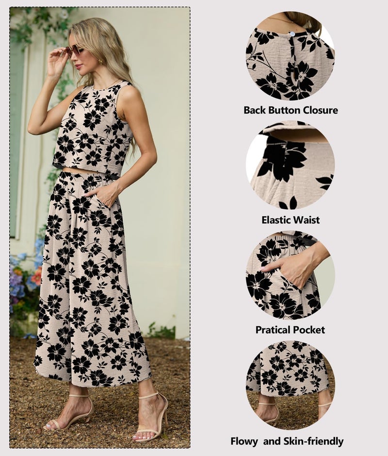 Lepunuo Womens 2 Piece Outfits Summer Sleeveless Crop Top Capri Wide Leg Pants Matching Sets Vacation Beach Travel Outfits - Image 1