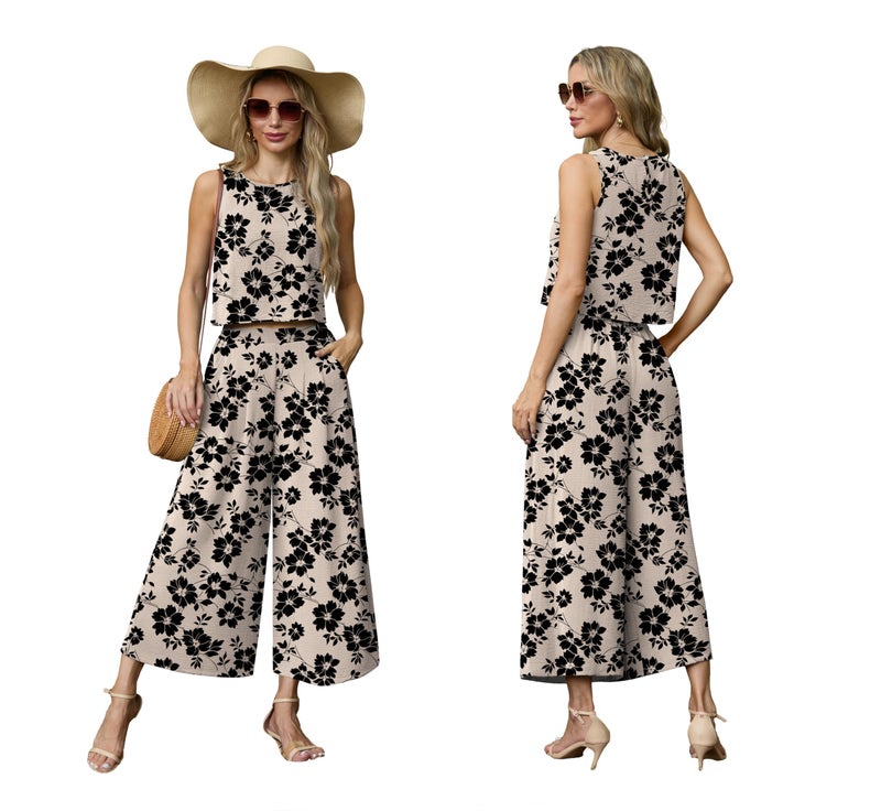 Lepunuo Womens 2 Piece Outfits Summer Sleeveless Crop Top Capri Wide Leg Pants Matching Sets Vacation Beach Travel Outfits - Image 4