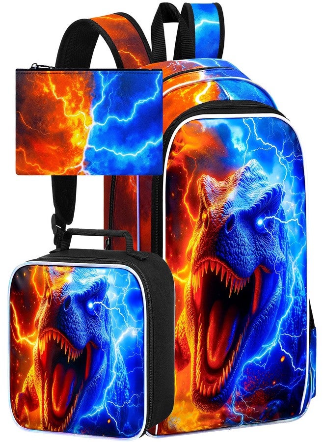 gxtvo 3PCS Dinosaur Bookbag for Boys, 17" Kids Backpack with Lunch Box, Water Resistant Middle Elementary School Bag - Fire & Lightning T. rex - Image 1