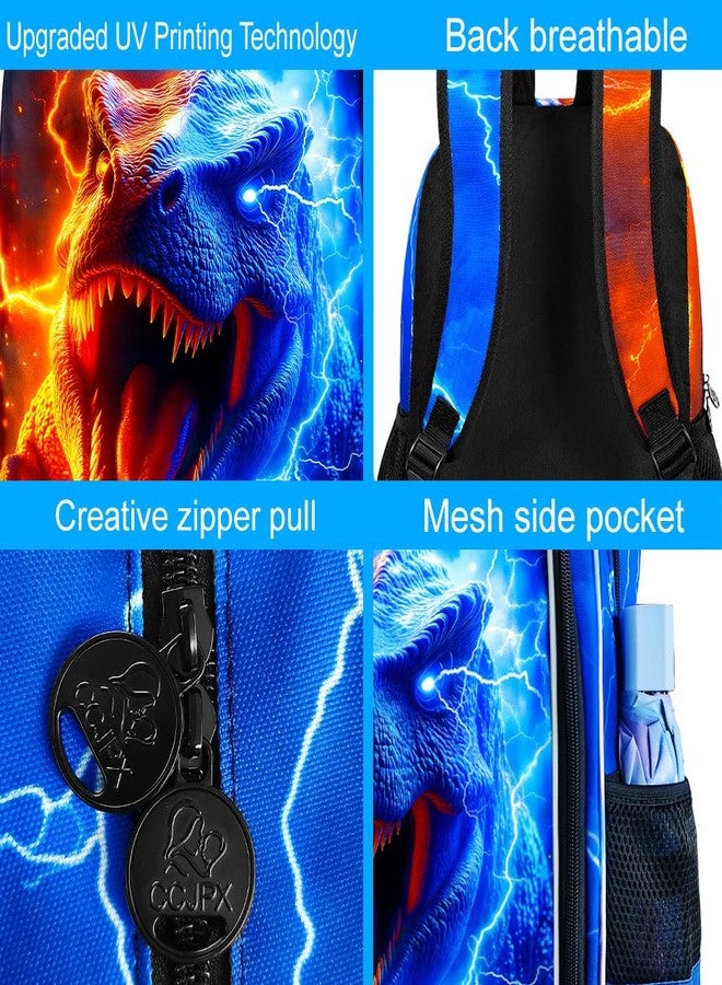 gxtvo 3PCS Dinosaur Bookbag for Boys, 17" Kids Backpack with Lunch Box, Water Resistant Middle Elementary School Bag - Fire & Lightning T. rex - Image 5