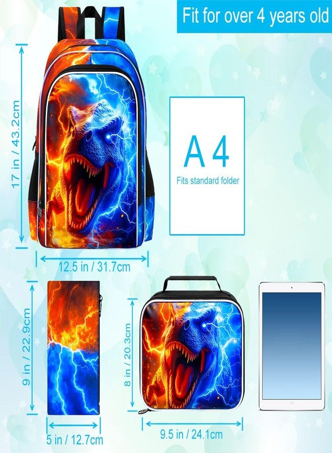 gxtvo 3PCS Dinosaur Bookbag for Boys, 17" Kids Backpack with Lunch Box, Water Resistant Middle Elementary School Bag - Fire & Lightning T. rex - Image 4