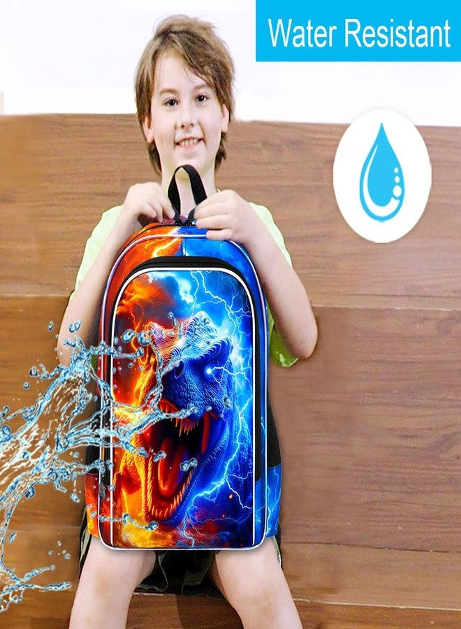gxtvo 3PCS Dinosaur Bookbag for Boys, 17" Kids Backpack with Lunch Box, Water Resistant Middle Elementary School Bag - Fire & Lightning T. rex - Image 3